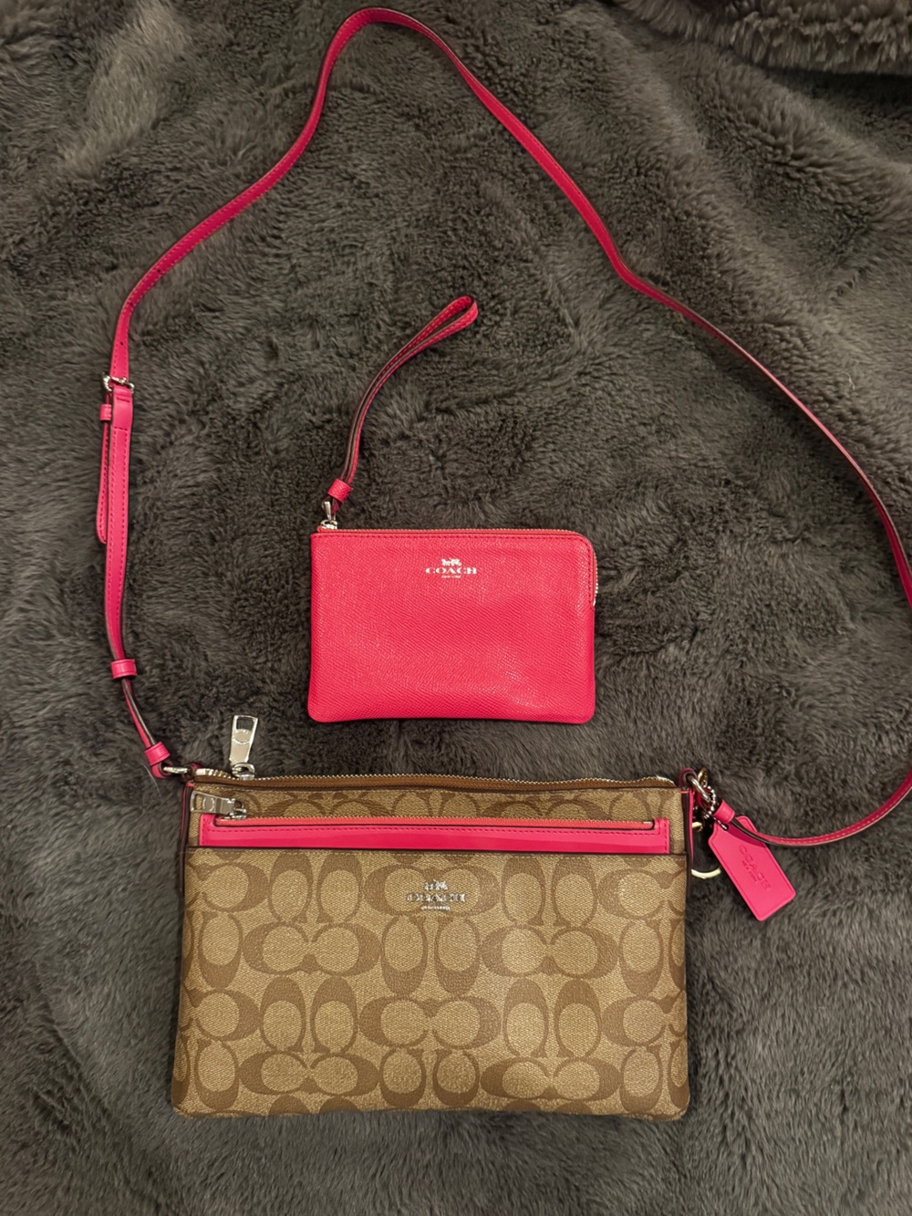 Coach Signature Crossbody Pink Wristlet Pouch 3 Piece Set